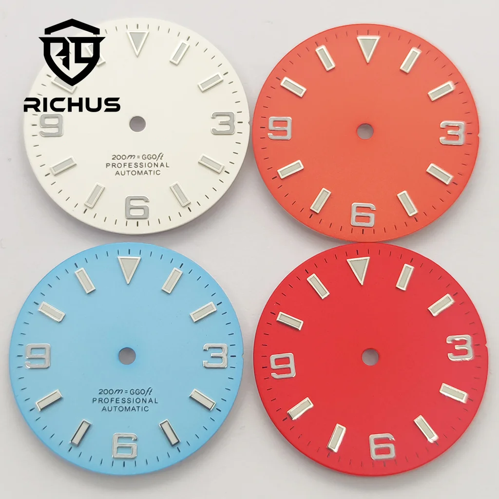 RICHUS 29 mm Zifferblatt, poliertes/gebürstetes Zifferblatt, blau-grün leuchtend, passend für NH34 NH35 NH36 ETA2824 2836 Miyota8215-DG Uhrwerk