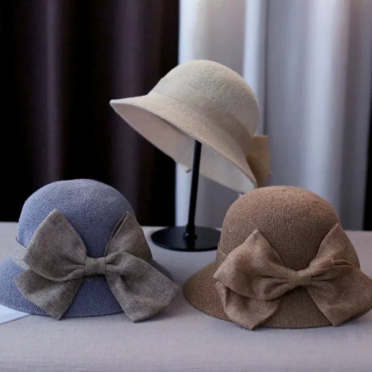 

Summer Bow Sun Hat Bucket Hat - Ring Yarn Hat Ladies Elegant Wide Brim Hat Female Sunscreen Vintage Hats Straw Beach Hat