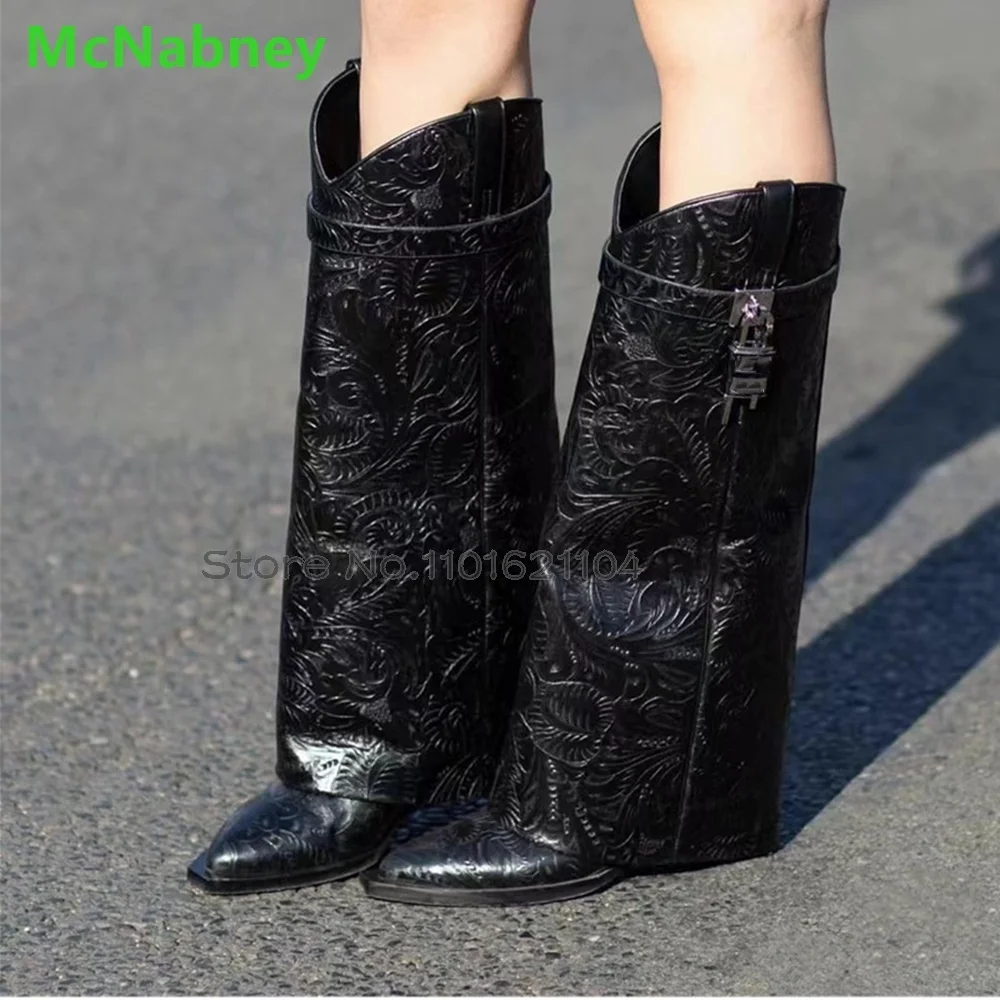 Printing Pointed Toe Metal Lock Boots For Female Women  Luxury Design Knee-High Wedge Heel Solid Elegant Fashion Runway Shoes