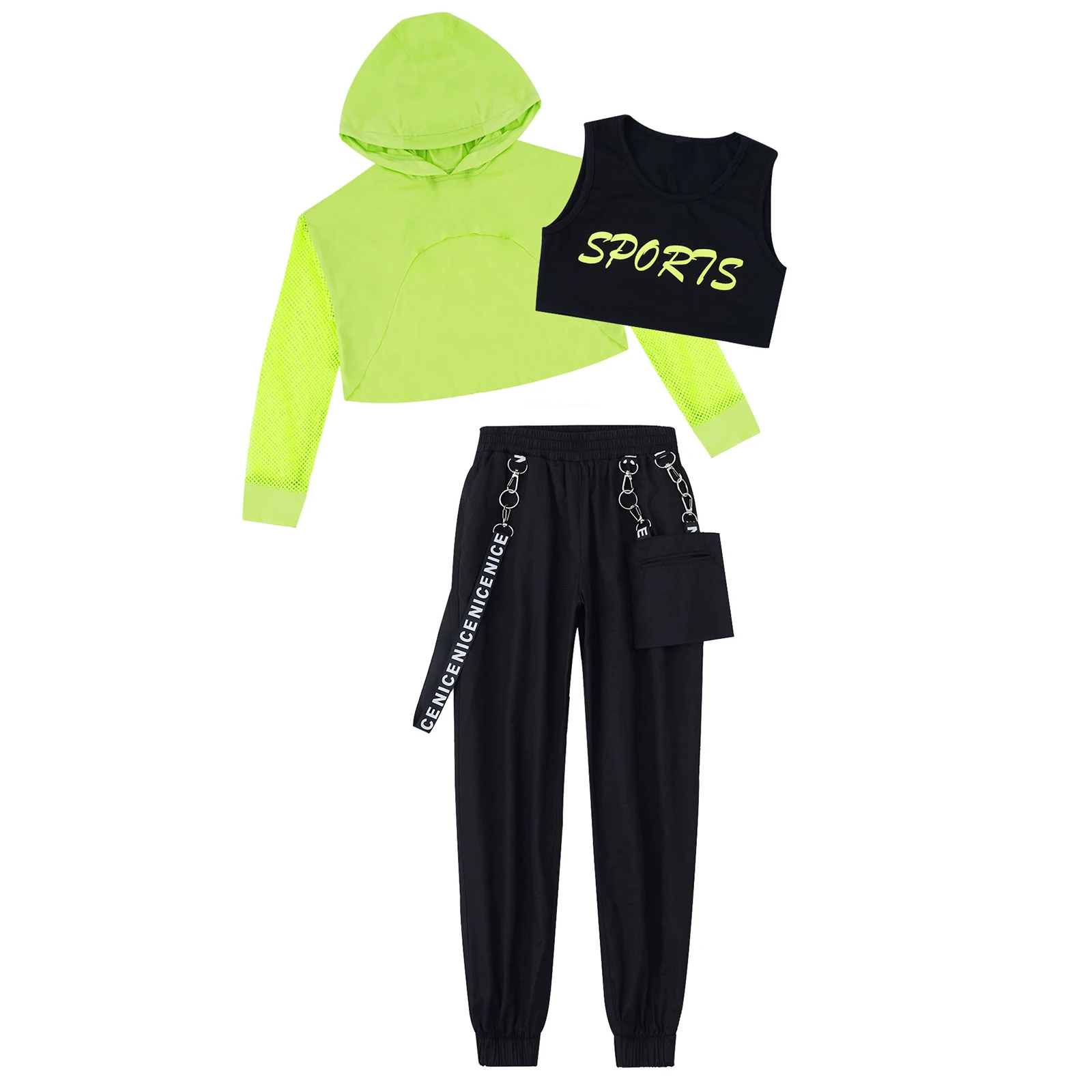 Teen Girls Hip-hop Set Street Jazz Dance Costume Modern Dance Hooded Long Sleeves Net Cover Up Tops with Crop Vest Cargo Pants