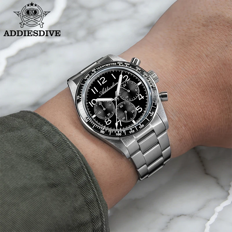 ADDIESDIVE New Men Quartz Watch Luxury Ceramic Bezel Bubble Domed Glass 100m Waterproof BGW9 Luminous 0S20 Chronograph Watches