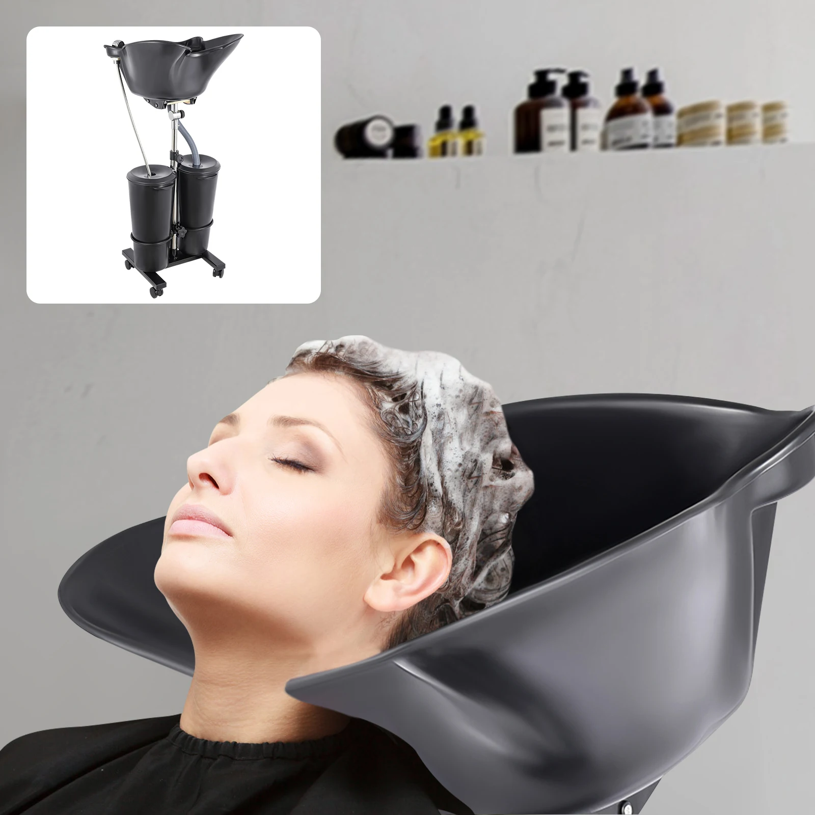 

Portable Shampoo Bowl, Adjustable Height and Angle Deep Shampoo Sink, Hair Washing Basin Barber Bowl, Black