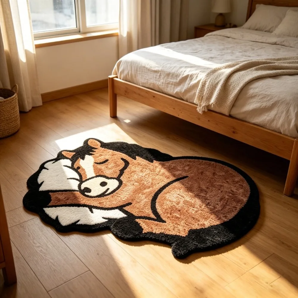 Comfortable Non-Slip Bedroom Rug Stain Resistant Soft Floor Rug Thick Construction Cartoon Animal Floor Mat Bedroom Floor