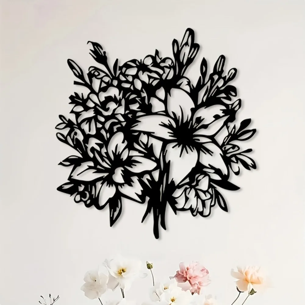 Brand 2D Flat Vintage Flower Metal Wall Art, Rustic Floral Iron Decor for Living Room