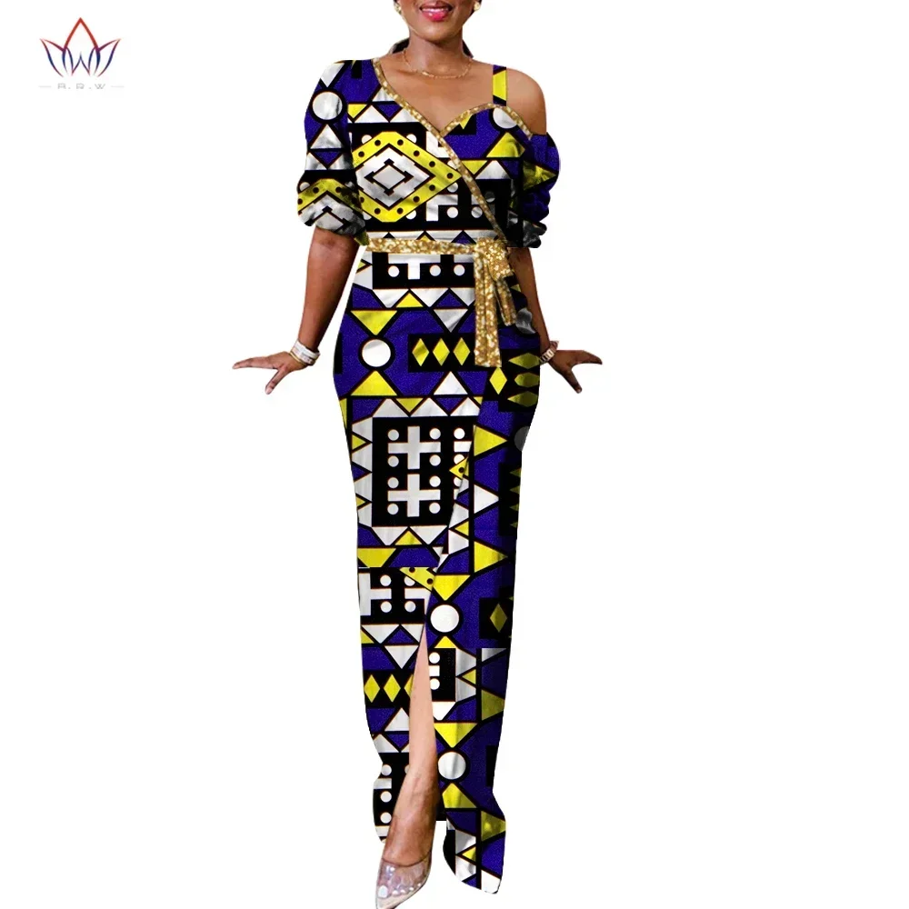 

Bintarealwax African Dresses for Women Bazin Riche Print Wax Asymmetrical Style Long Evening Dresse Africa Clothing WY8830