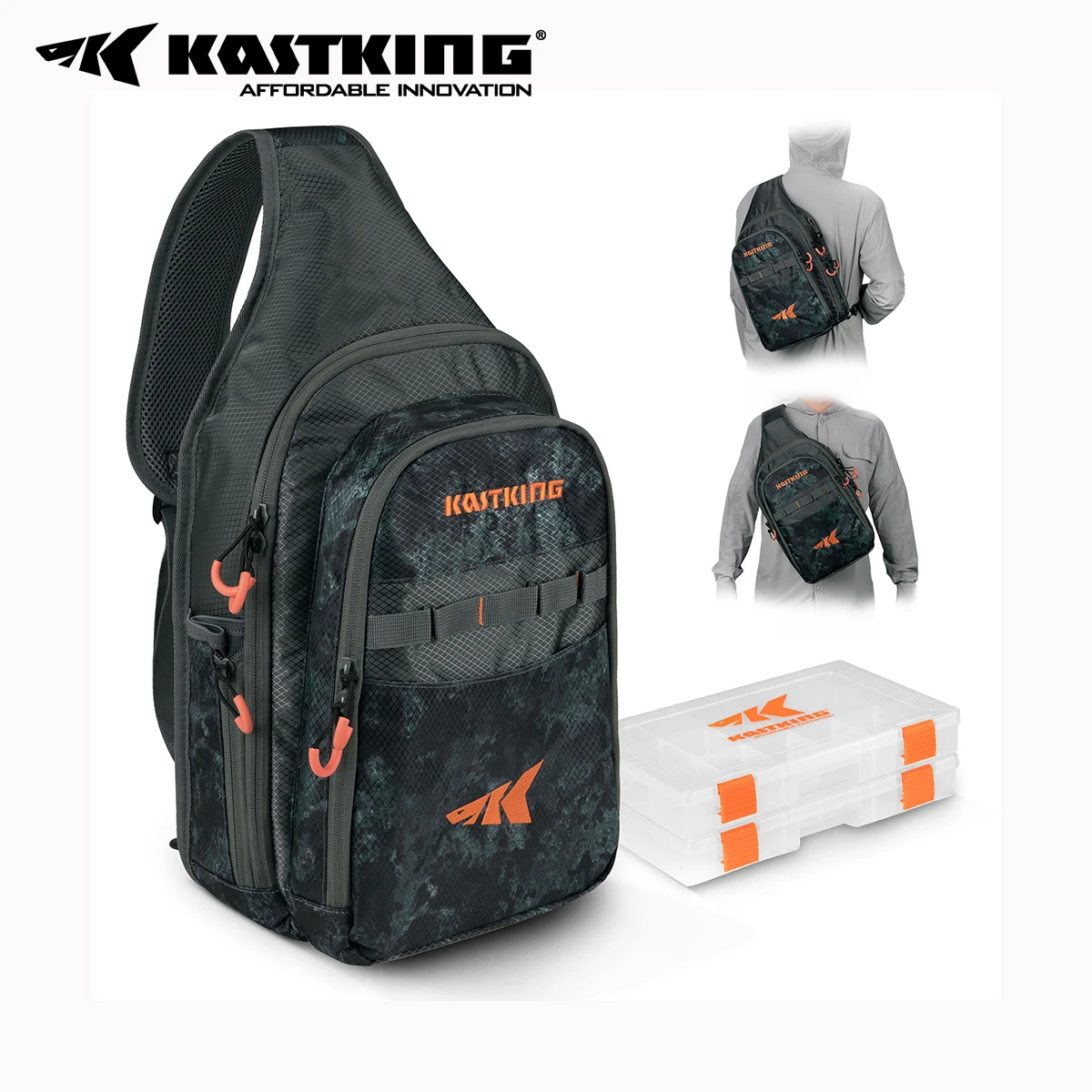 KastKing Pond Hopper Fishing Lightweight Sling Tackle Storage Bag with (2) Tackle Boxes for Fishing Hiking Hunting Camping