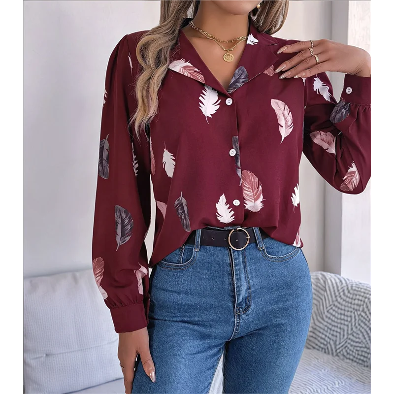 CGS-Bluse für Damen, langärmelig, lässiges Arbeitshemd, elegantes bedrucktes Revers, lockere Passform, Tunika, Bürokleidung, Oberteil