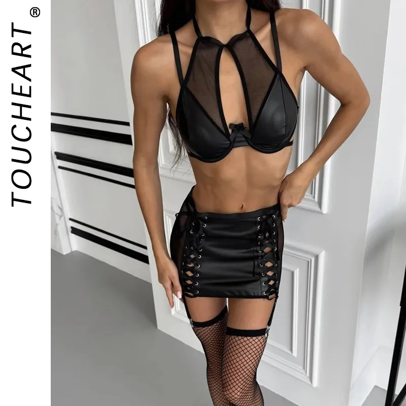 

Toucheart Кружевное сексуальное женское белье Короткая юбка Стринги Лоскутное выдалбливание с бантом на шнуровке Прозрачный эротический частный интересный комплект