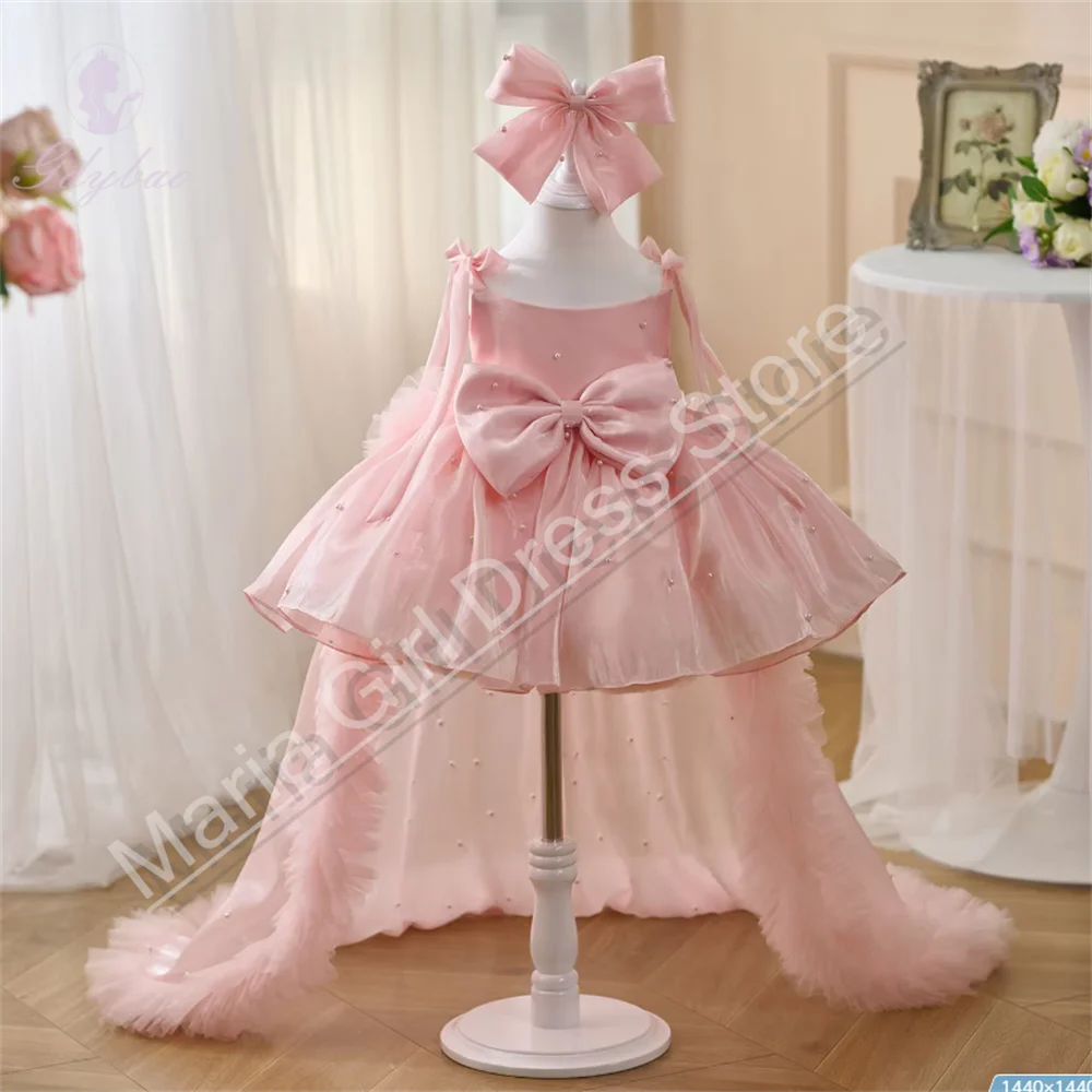 

Pink Flower Girl Dress Charming Bowed Lace Up Pearl Decorated With Trailing Sleeveless Child Birthday Evening Prom Gown