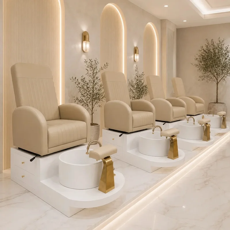 Foot Spa Chair Luxury Leather Upholstery with Side Drawers Gold Hardware for Modern Beauty Studio Equipment