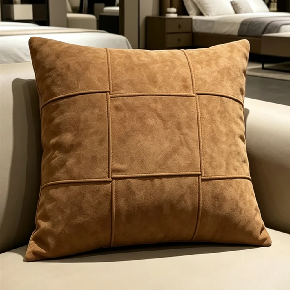 HINYEATEX Modern Italian Minimalist Luxury Style Caramel Grid Stitching Pillow Cover Soft Matte Suede 45x45cm 1 Piece Pack