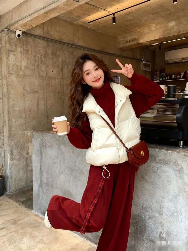 

Теплый вязаный свитер, жилет и широкие брюки, комплект для женщин, повседневная футболка Red Aosphere, зимний ансамбль Faion