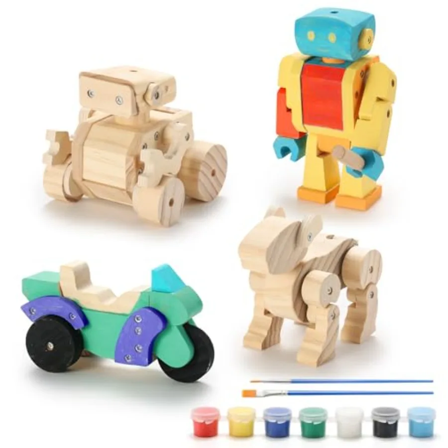 

Woodworking Building Kits for , 4-in-1 Wood Building Kits for STEM Projects Set, DIY Arts and Crafts Assembly Toys with Paints