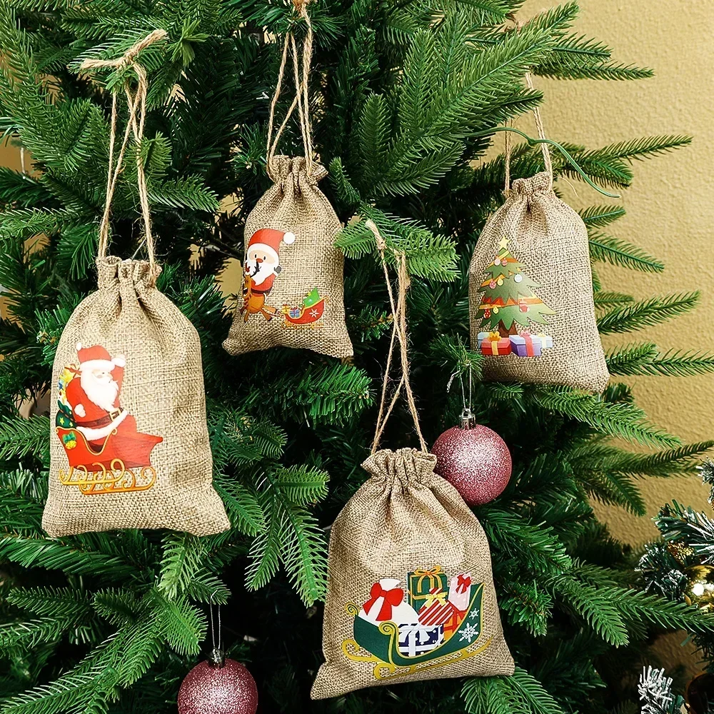 Bolsas de lino con cordón para Navidad, bolsas de arpillera para guardar joyas, pulseras, dulces, galletas, regalos para niños, 1/30 piezas