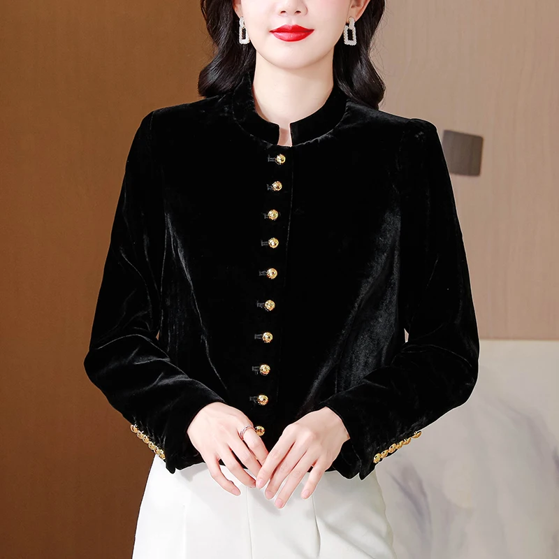 Retro Faion Bla terciopelo seda ort Jaet mujer cuello alto largo Sve Top Otoño Invierno Thiened Color abrigo