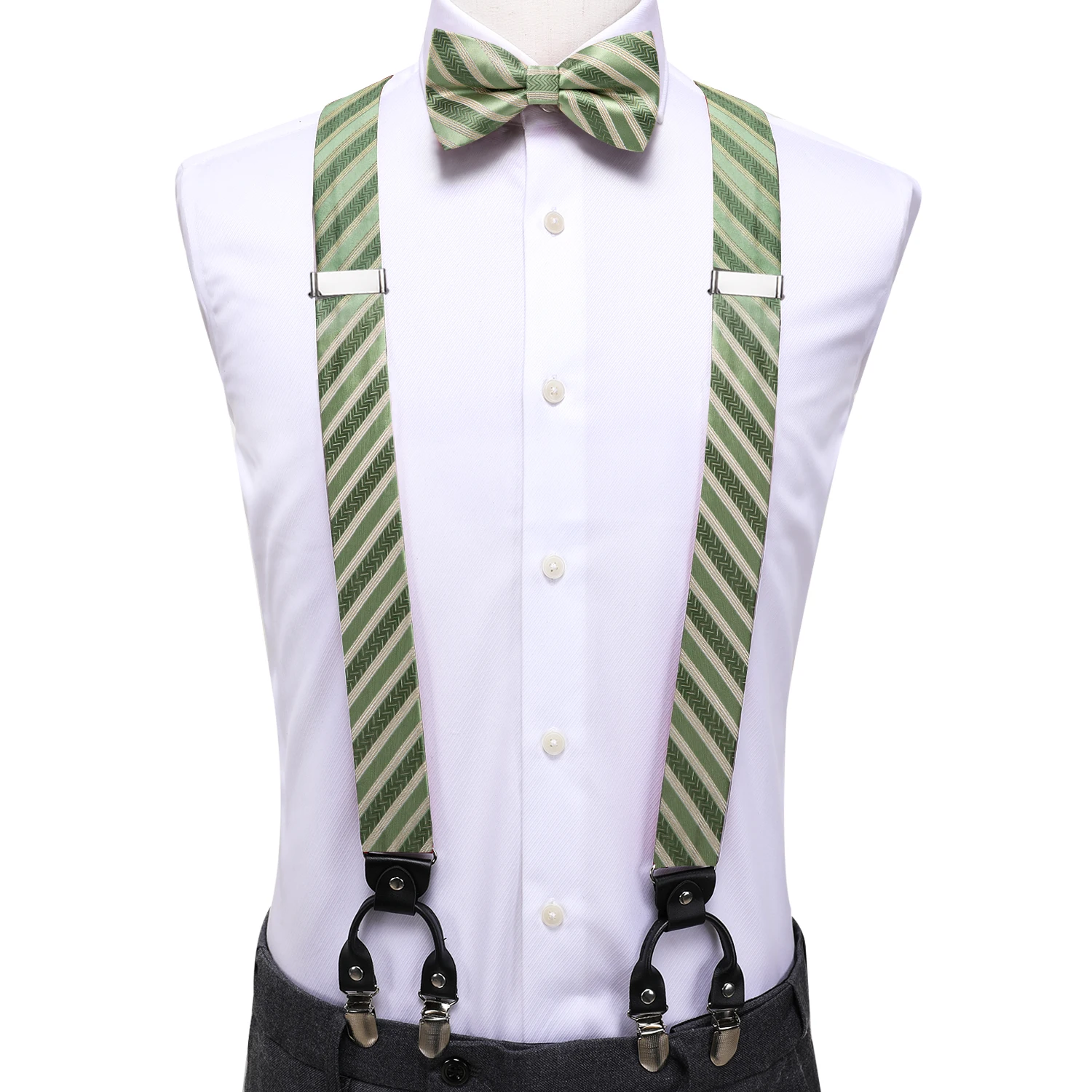 Hi-Tie Striped Sage Green Silk Men Suspender Bowtie Hanky Cufflink Adjustable Clip On Brace for Male Wedding Business Wholesale