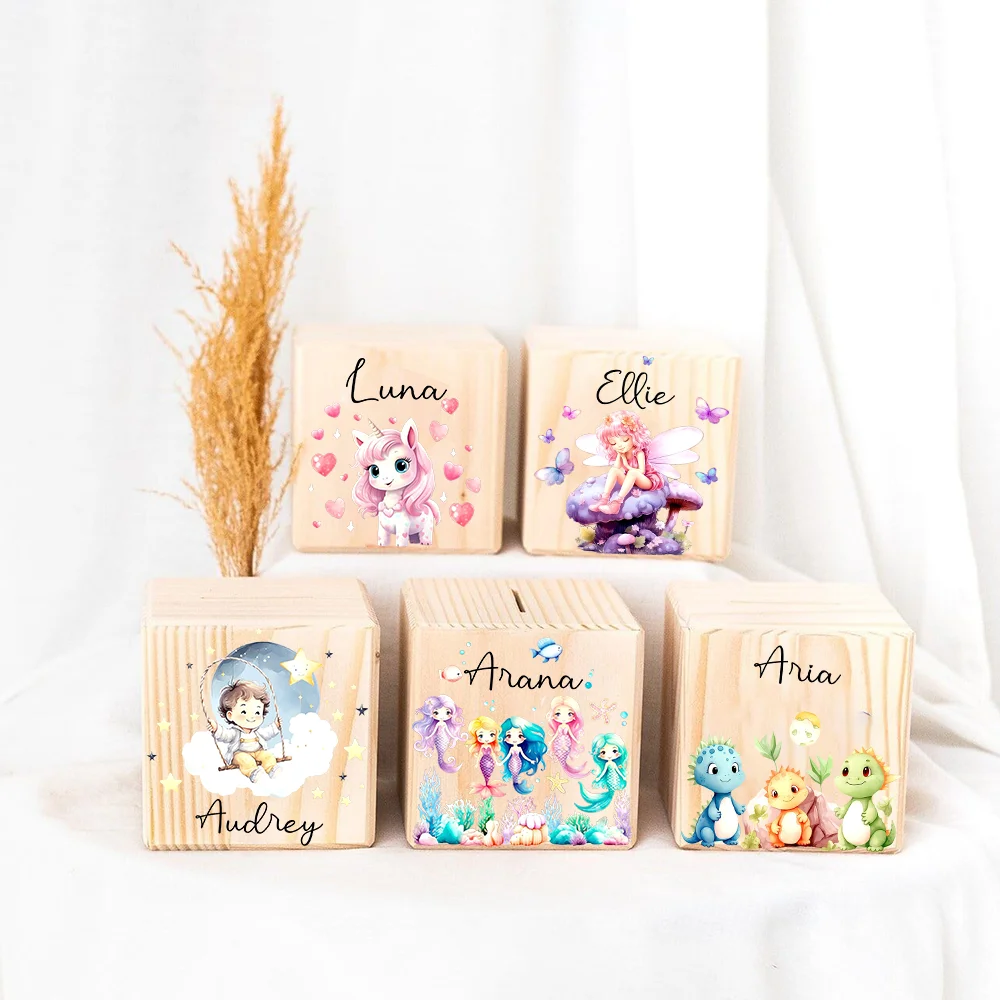 Money Box with Name Children's Forest Animals Money Box Baptism Gift Children's Room Decoration Wooden Piggy Bank New Baby Gifts