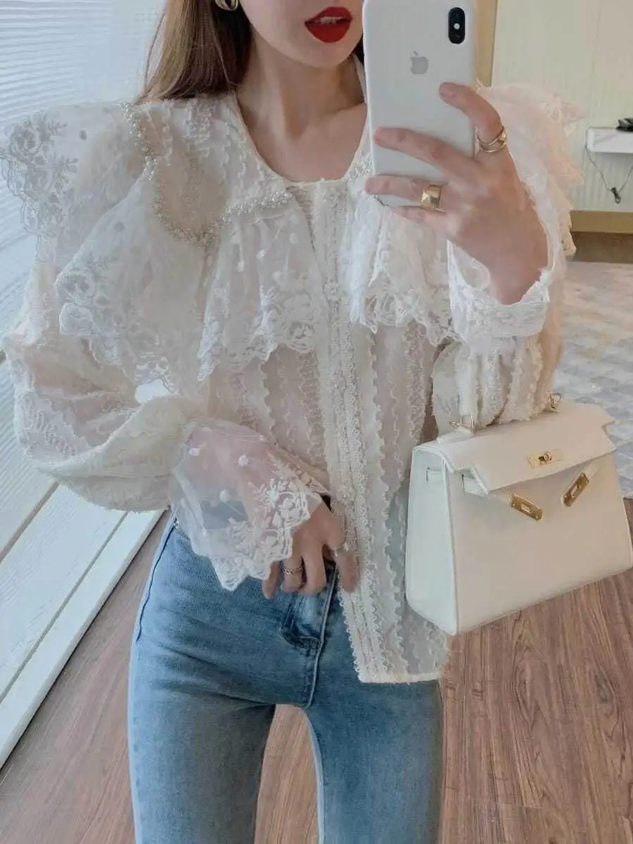 

Ele Long Sve Lace Collar irt Women's Faionable Top Special Large Size 300 Pou SisterMM High-End Feel Spring Autumn