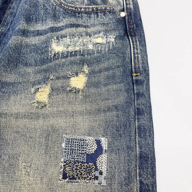 Vintage Distressed Patch Jeans for Men Micro Tube Pants High Street Trendy Brand Hip-hop Pants