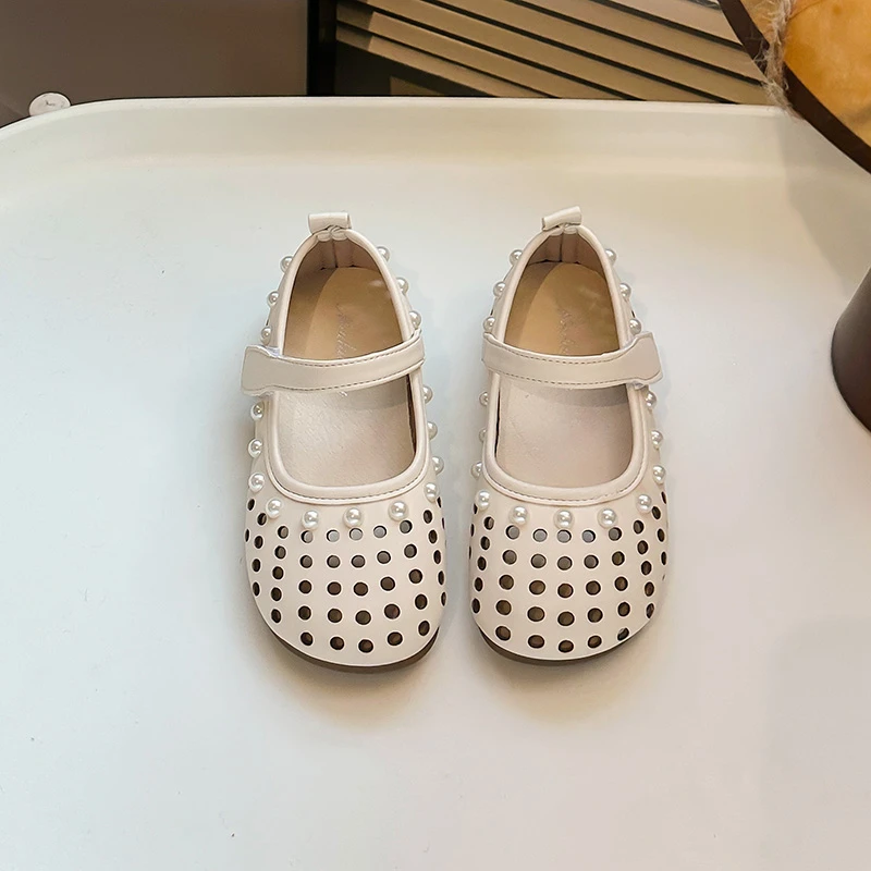 Children Outdoor Flat Shoes Spring Autumn New Pearl Girl Hollow-out Shoes Simple Solid Color Kids Causal Princess Shoes Non-slip