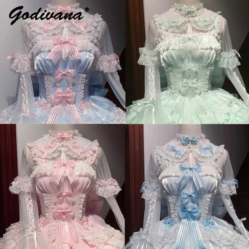 

Original New Sweet Lolita Thin Lace Long Sleeve Blouse Shirts Girls' Cute Bow Lace Splicing Kawaii Top Blusas Femininas