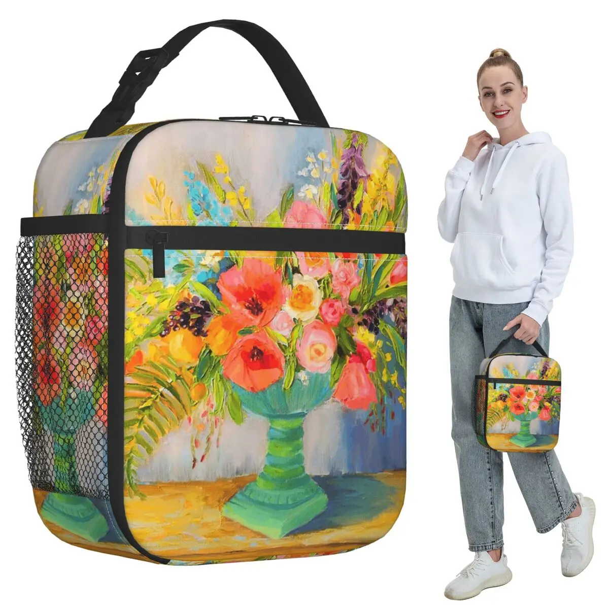 Oil Painting Green Vase Floral Insulated Lunch Bag for Kids School Cooler Thermal Food Box Tote Portable Lunch Boxes Container