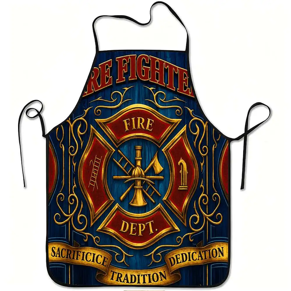 1pc Firefighter Fire Department Tribute Tradition Commitment Print Apron, Sturdy And Easy to Clean, Adjustable Waist, Made of Po