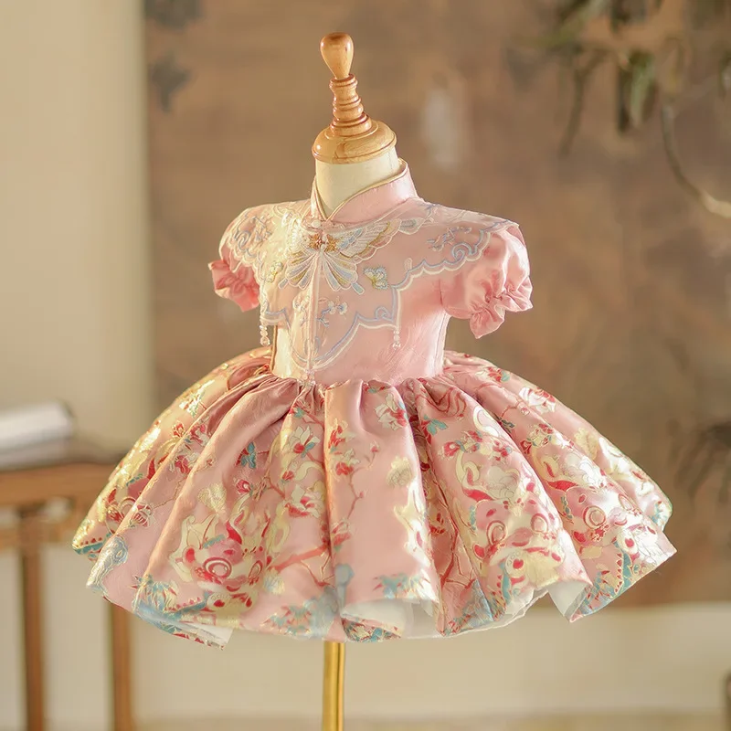 ICJAEHAO 2025 One Year Old Baby Girl Grab Week Princess Dress Summer Matching Outfit Chinese Guofeng Banquet Clothes for Eid