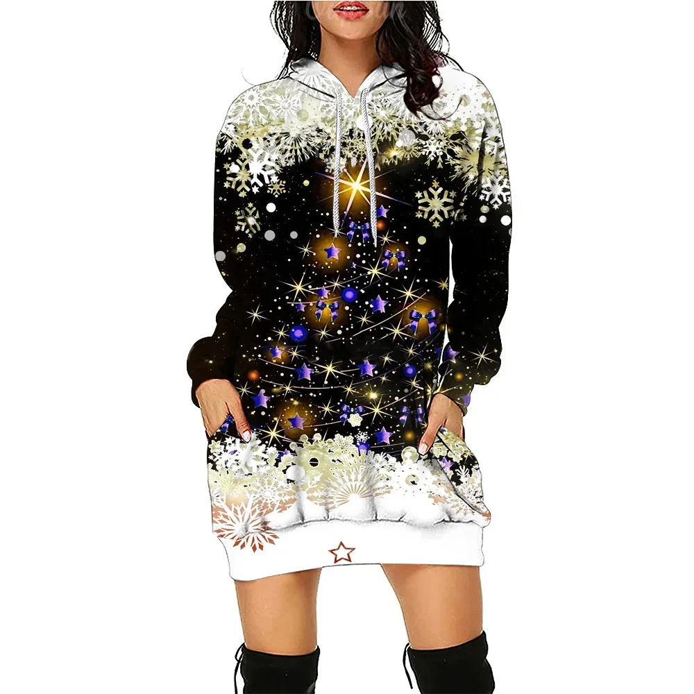 Christmas Tree Women\'s Hoodies Dress New Funny Fashion Mid-Length Pullover Autumn Women Loose Casual Sport Hoodie Dress