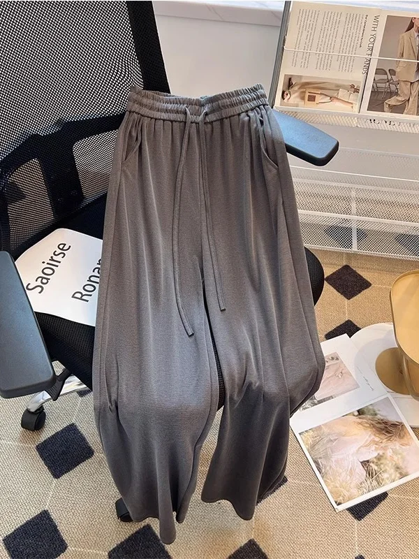 

Очень большой размер, широкие брюки с высокой талией, глубокие брюки из ледяного шелка, крутые повседневные длинные брюки с защитой от солнца, женские модные летние брюки