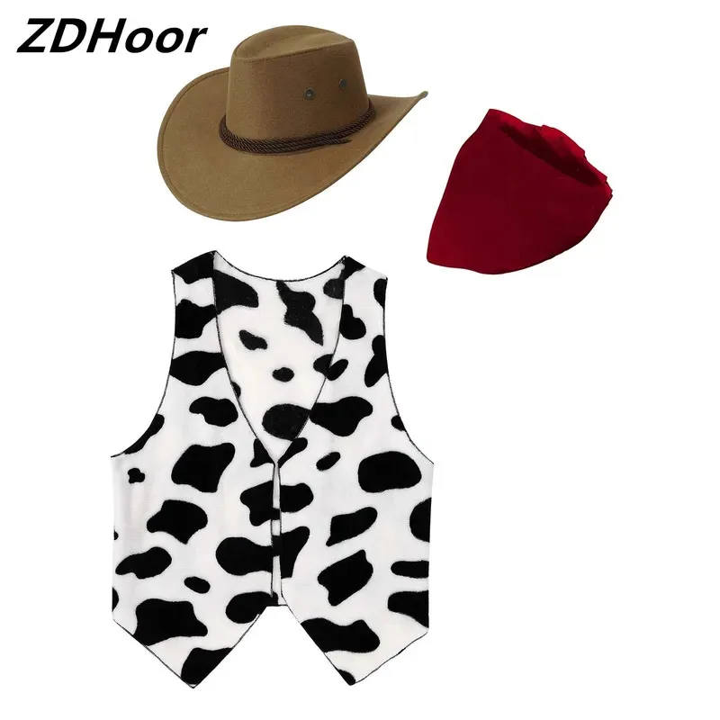 

Mens Western Cowboy Costume Suit Halloween Cosplay Cowboy Hat Cow Printed Flannel Waistcoat And Print Bandanna 3-piece Suit