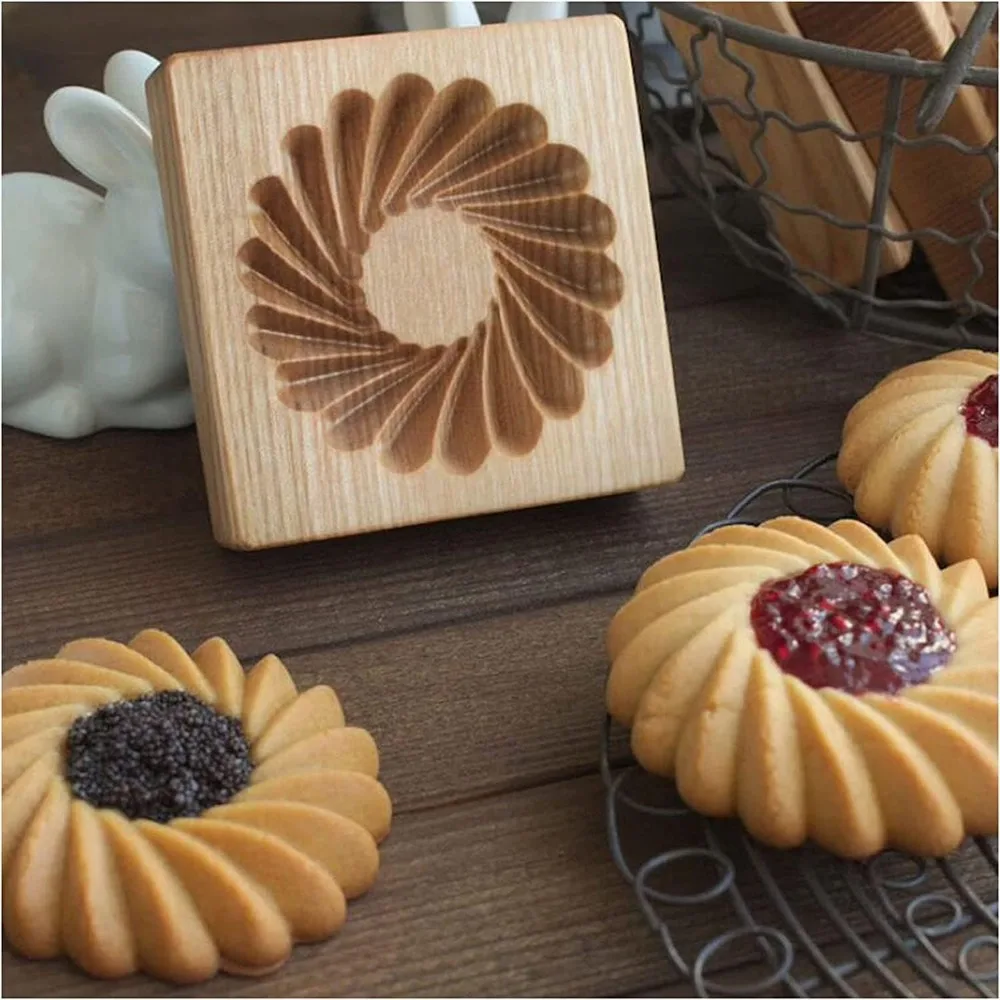 

Wooden Cookie Mold with Rotary Flower Design for Baking Gingerbread, Springerle, and More - Easy to Use Kitchen Tool