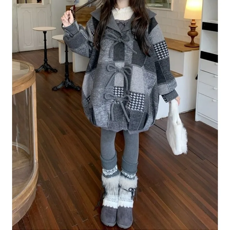 

Autumn and Winter Japanese Sweet Academy Bow Gray Plaid Splicing Navy Collar Medium and Long