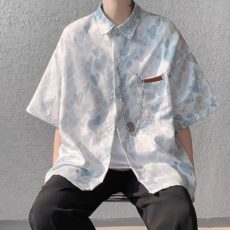 Chemise à Manches Courtes pour Homme et Adolescent, Chemisier Imprimé d'Amour, Streetwear, Tendance, Été, 03