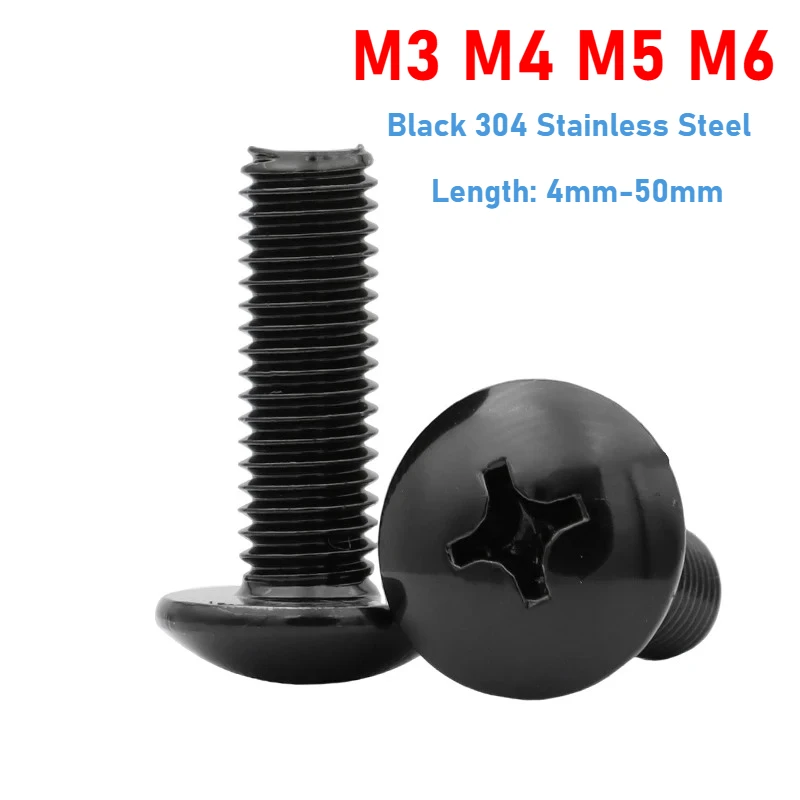 M3 M4 M5 M6 Black 304 Stainless Steel Cross Recessed Phillips Truss Head Large Mushroom Round Head Screw Bolt YB406 4mm-50mm