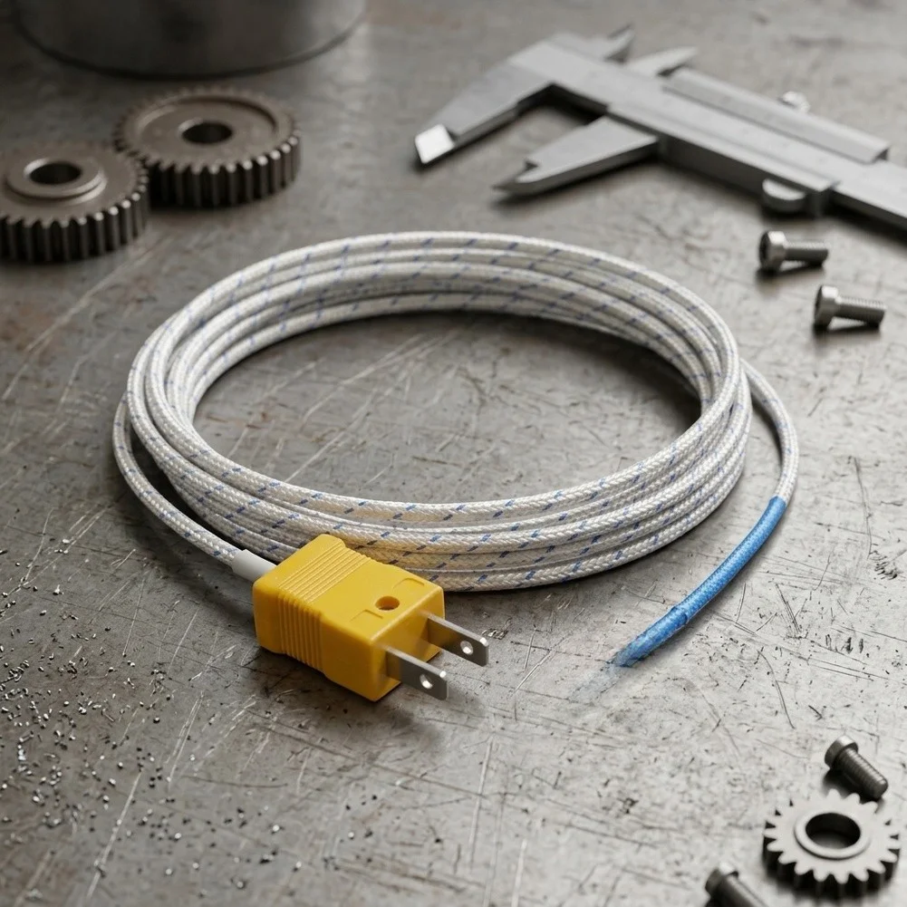 2m TP-300 K-Type Temperature Extension Cable for K Probes with Fiberglass Insulation and ABS Brass Connector Assembly