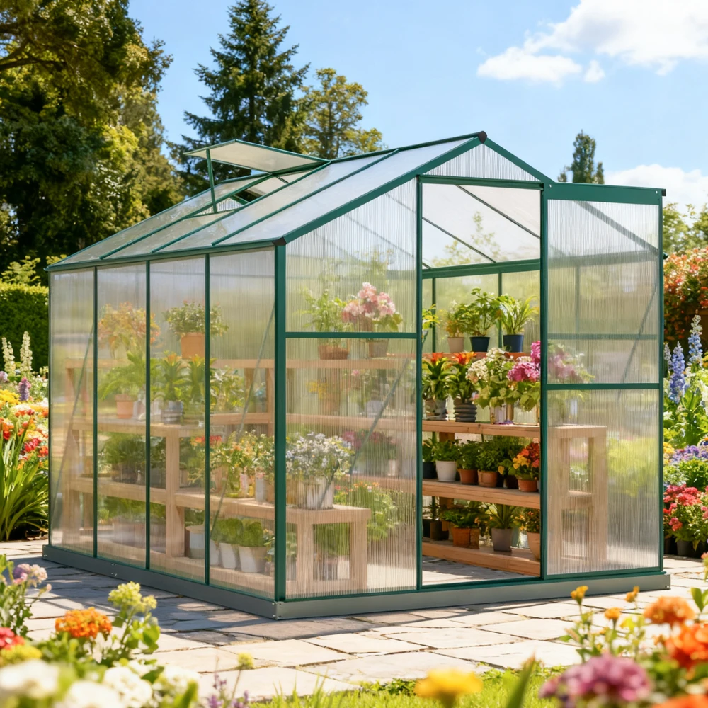 Image of Aluminium-Gewächshaus mit Stabiler Basis 4,75m² 190×253cm, Robustes Wetterfestes Garten-Pflanzenhaus, Tomaten-Gewächshaus Ausgestattet mit 1 Dachfenster & Schiebetür, PC-Gewächshaus für