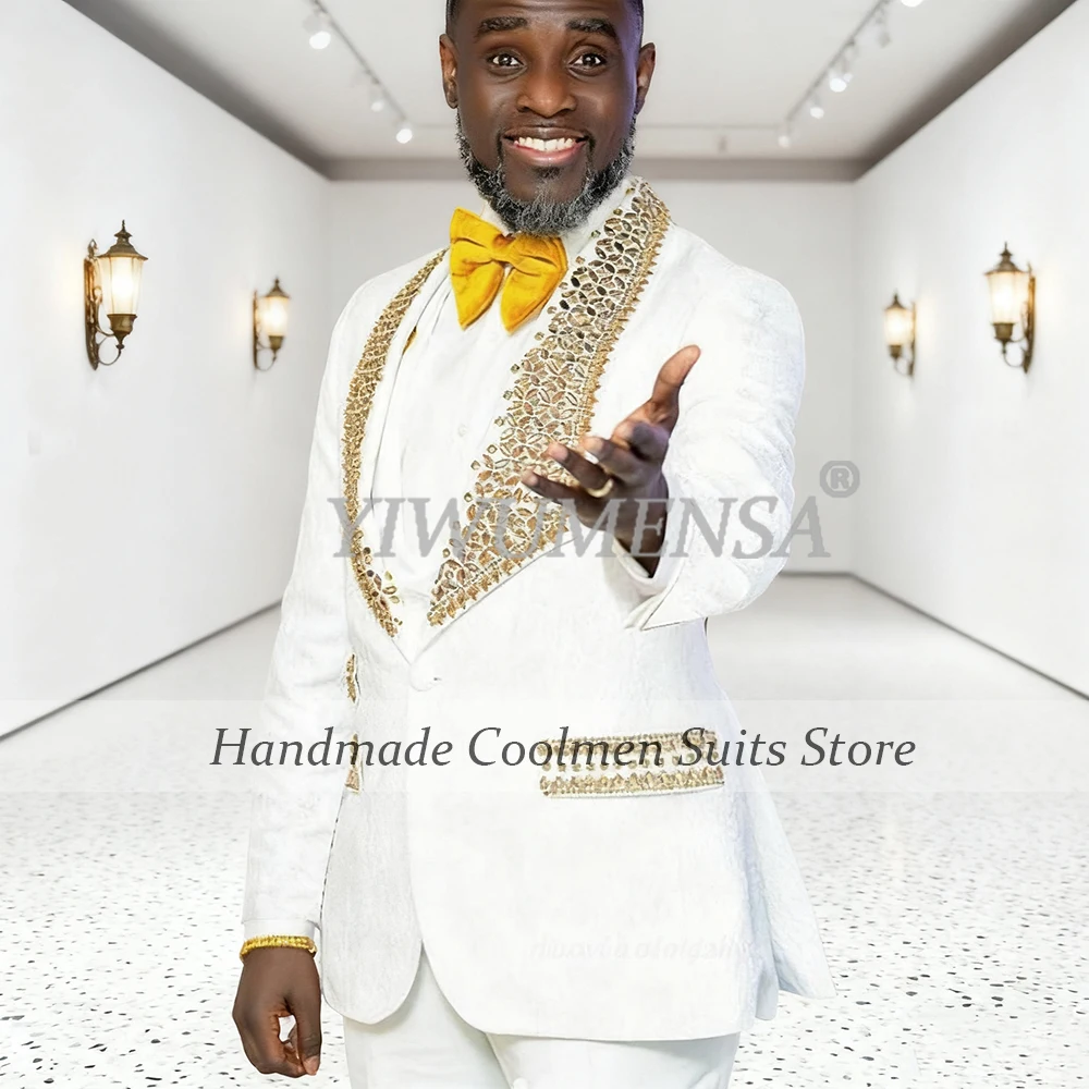 

Luxury Gold Beaded Stones Suits Men For Wedding 3 Pieces Sets Groom Formal Banquet Party Tuxedo Customized Man Business Clothing