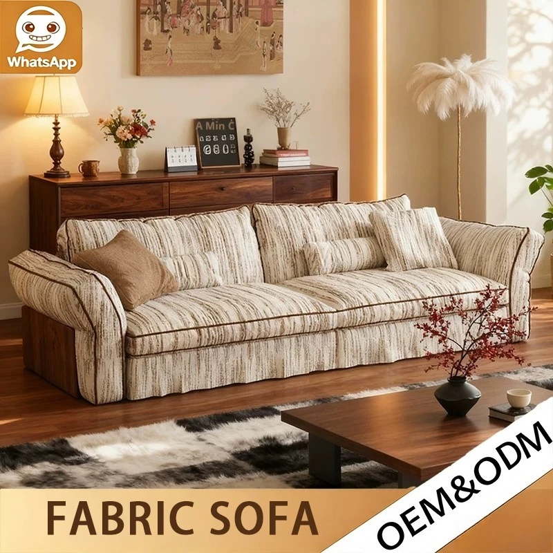 Souffle Straight Linen Fabric Sofa, Removable Washable Cover Couch, Retro Wabi Sabi Cream Mid Century Sofa For Living Room