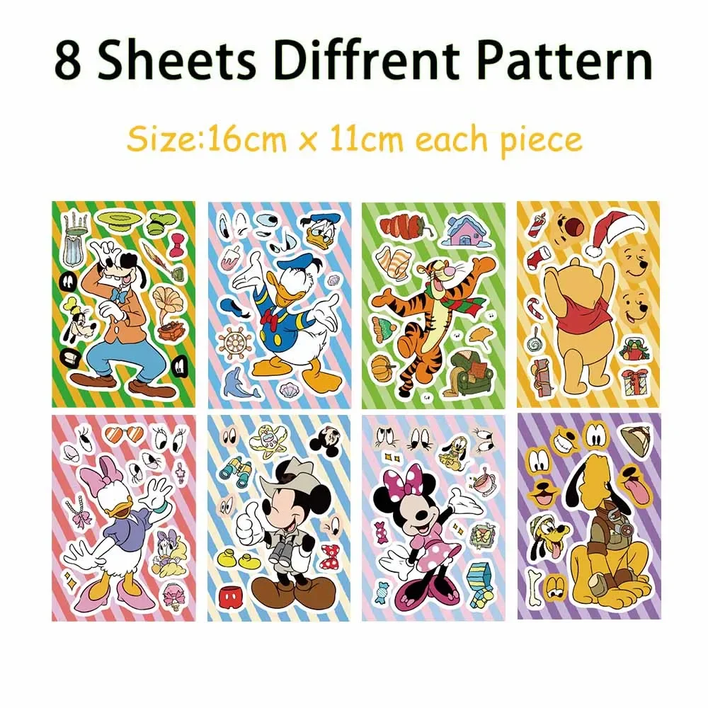 8/16Sheets Disney Make A Face Puzzle Stickers Mickey Minnie Donald Duck Kids Assemble Jigsaw Toys Children Funny Game Party Gift