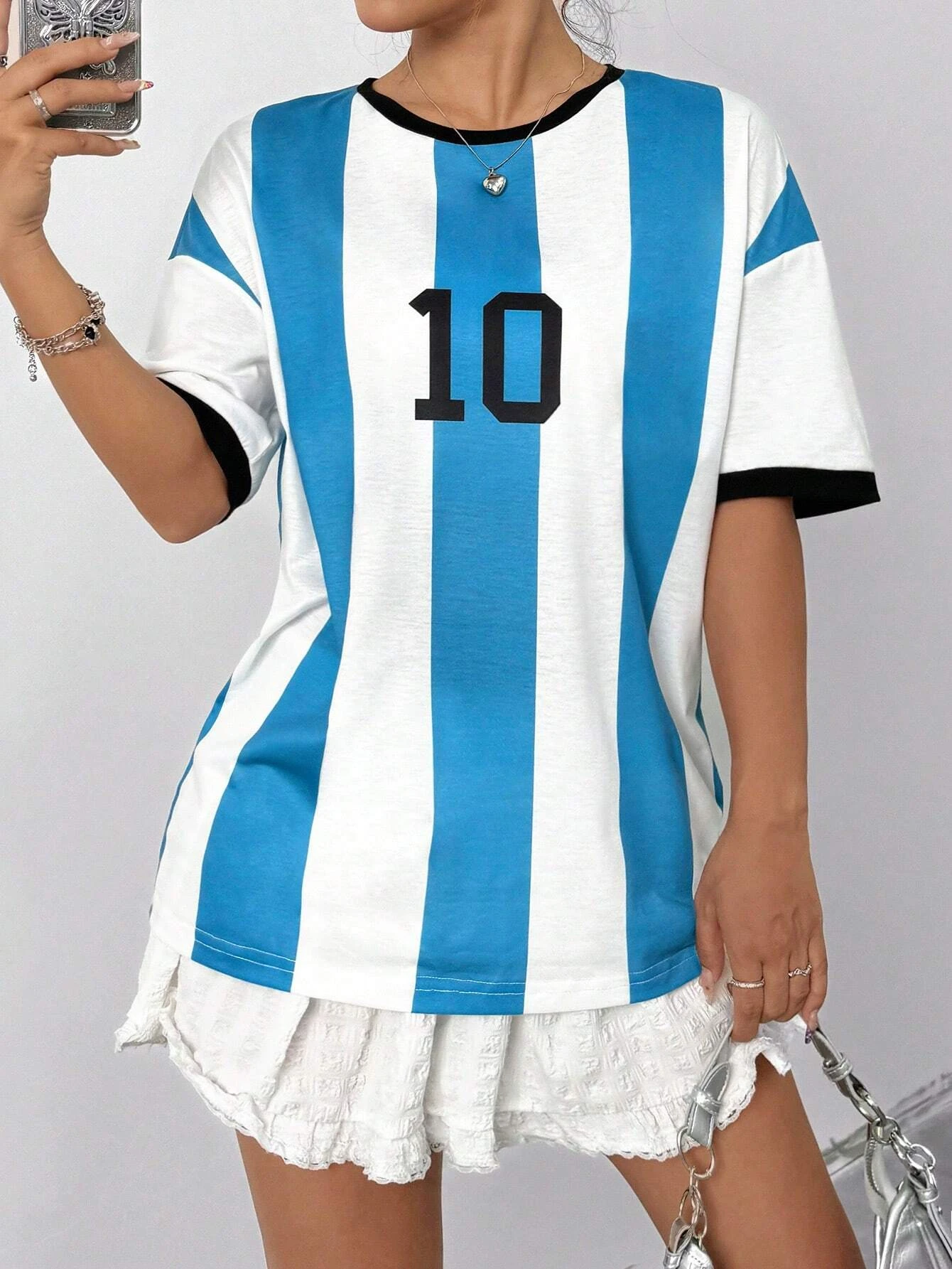 

Salute to Messi Blue and White Striped T-shirt Women's Shirt O-Neck Quick Drying Short Sleeve Size 10 Digital Printed Casual Top