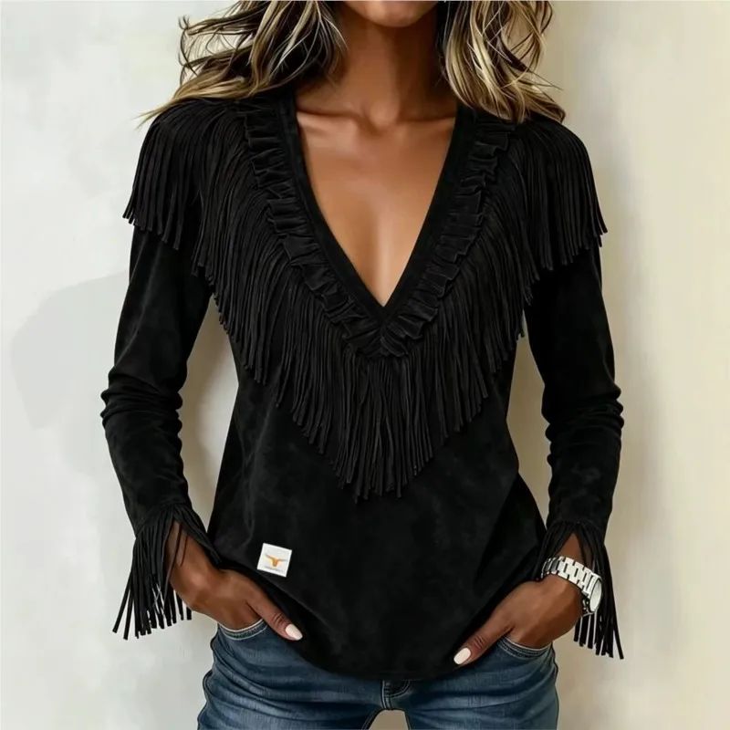 Women's Blouses Coat New Tassel Suede Autumn Winter V-neck Fashion Slim Fit Spring Jacket Tops For Women Vintage Clothing