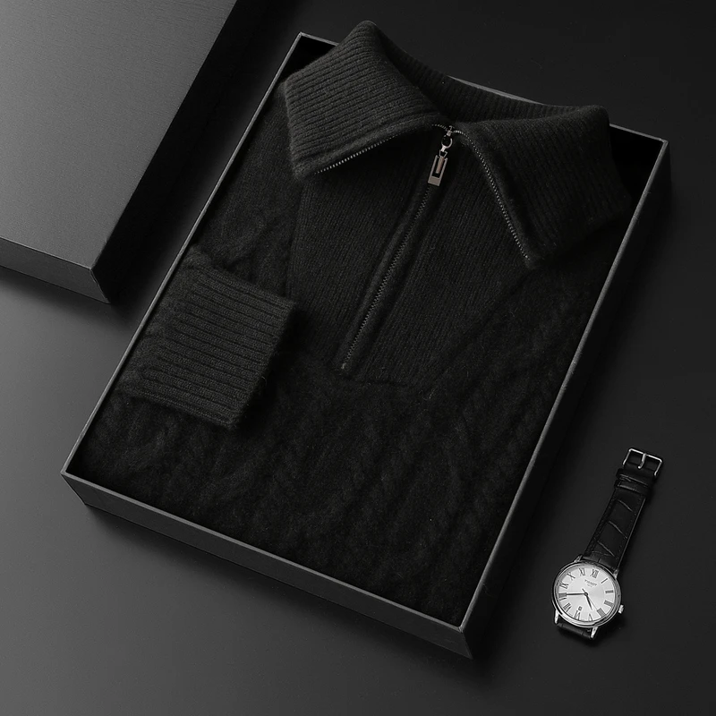CHICUU Luxury 100% Cashmere Sweater Men Polo Zipper Cable Knit Pullover Thick Soft Warm Cashmere Knitwear Autumn Winter Clothes
