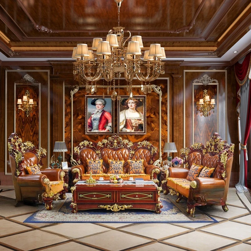 

French leather court sofa leather with cloth sofa solid wood double-sided engraved European style