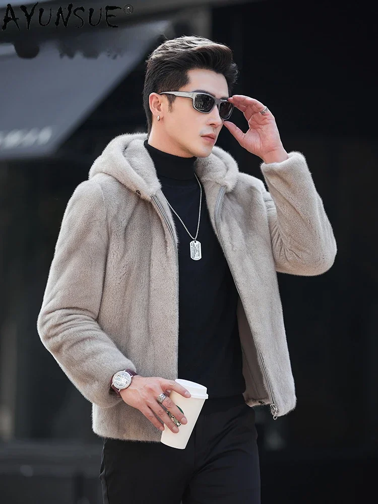AYUNSUE Natural Fur Coat Hooded Men's Winter Jackets 2025 Luxury Real Mink Fur Jacket Casual Fur Coats Abrigos Invierno Hombre