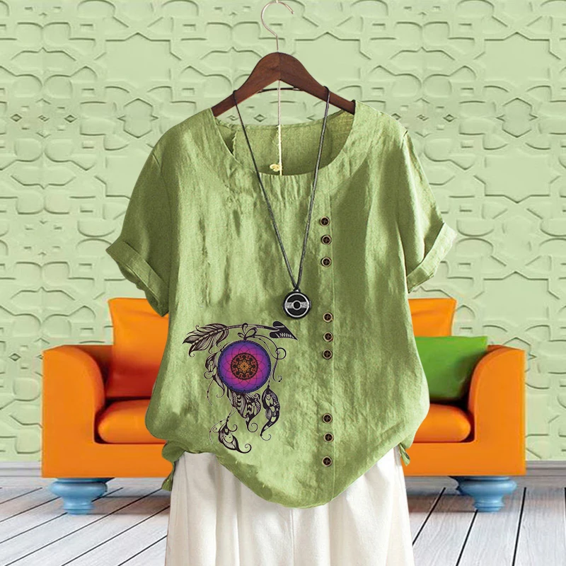 

Retro Summer Ladies Beautiful Dreamcatcher Printed Linen T Shirt Casual Comfortable Loose Solid Color Short Sleeve Top XS-5XL
