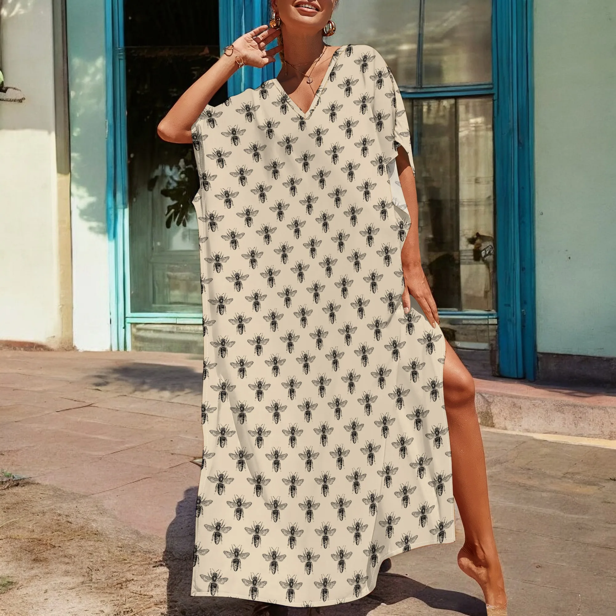 

Vintage Bee Print Caftan Dress 2025 Cottagecore Robe V-Neck Maxi Kaftan Loose Fit for Women Summer S-3XL