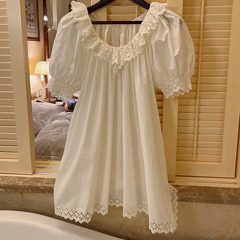 Girls Summer French Style Short Sleeve Nightdress Women Loose 100% Cotton Home Dress White Color Sweet Embroidery Nightgown New