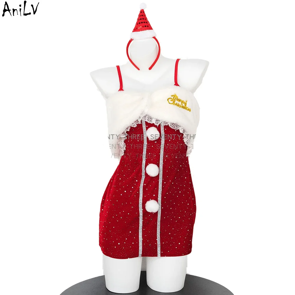 AniLV Weihnachten Outfits Neue Serie Santa Claus Kleidung Frauen Sexy Rot Samt Kleid Cosplay Kostüm Frohe Weihnachten