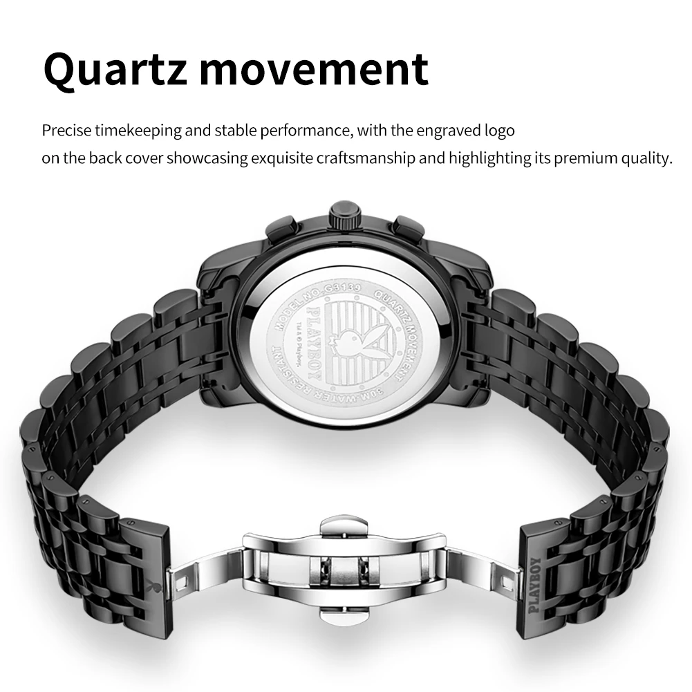 PLAYBOY 3139 Brand original authentic watches for man luxury Gift Box solid steel belt quartz men's watch